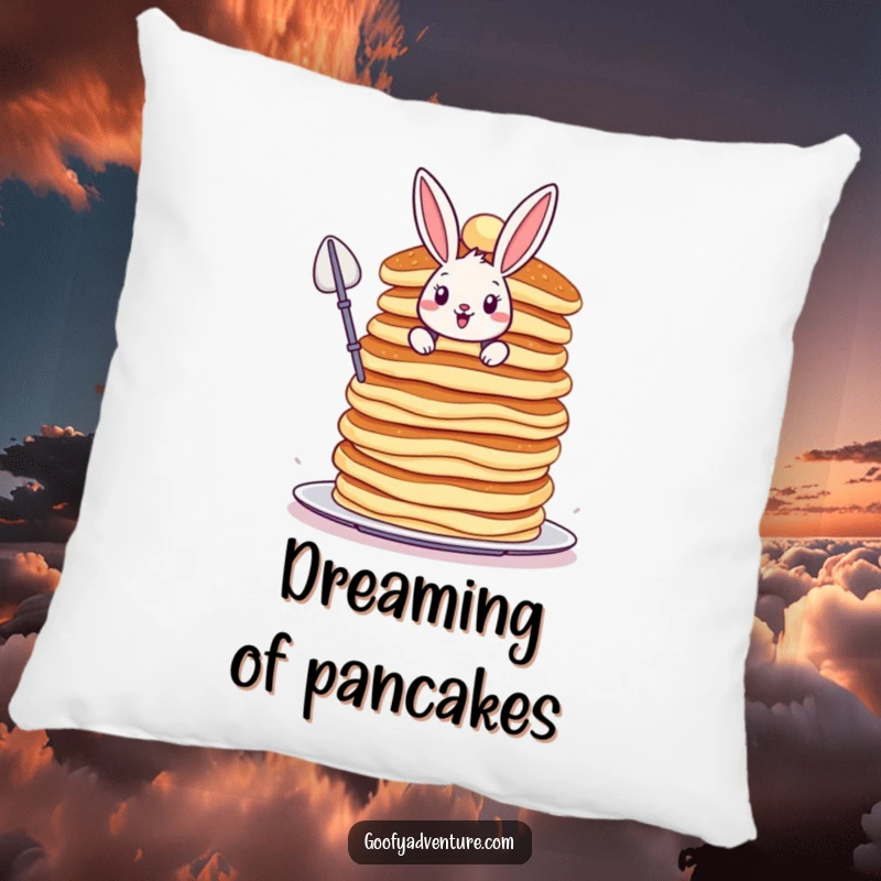 Funny Bunny pillow, bravely scaling a colossal, wobbly stack of pancakes, comfortable and adventurous home decor.