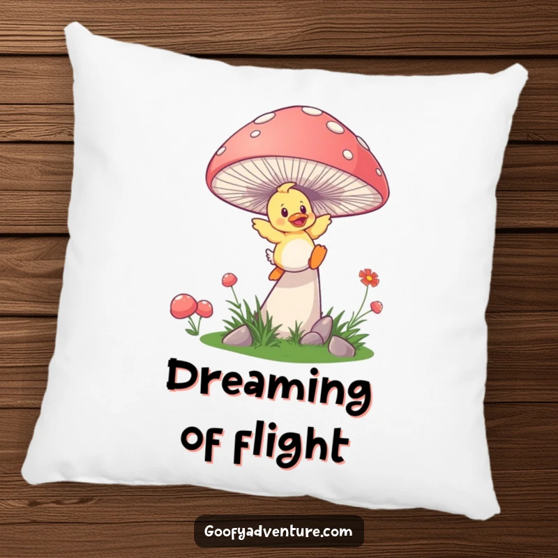 Funny duckling mushroom pillow, a playful duckling launching from a giant, springy mushroom, soft and humorous decor.