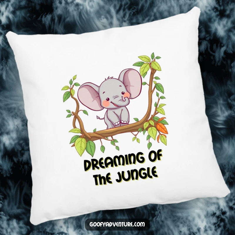 Funny happy elephant crossing a jungle vine bridge, soft pillow, jungle theme, cozy home decor.