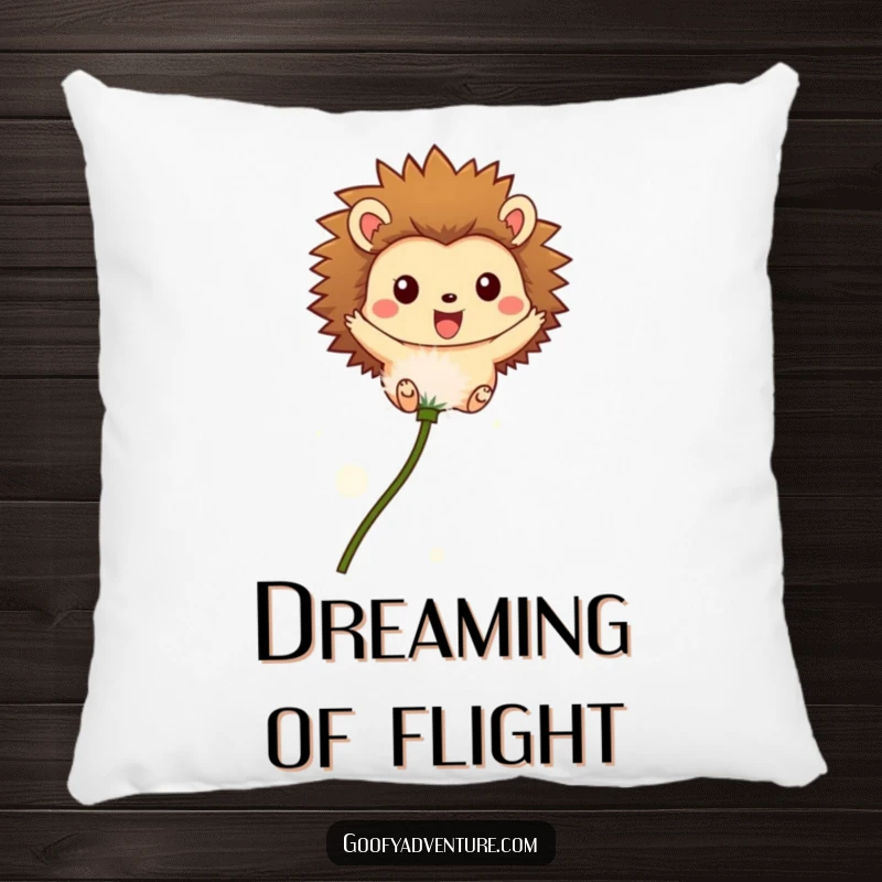 Funny pillow featuring a happy hedgehog character airborne on a dandelion seed, providing comfort and a whimsical decorative touch.