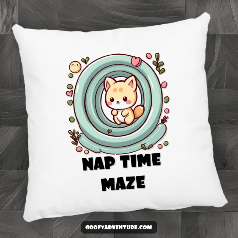 Funny kawaii animal character playfully navigating a whimsical maze, a soft and humorous pillow for relaxation.