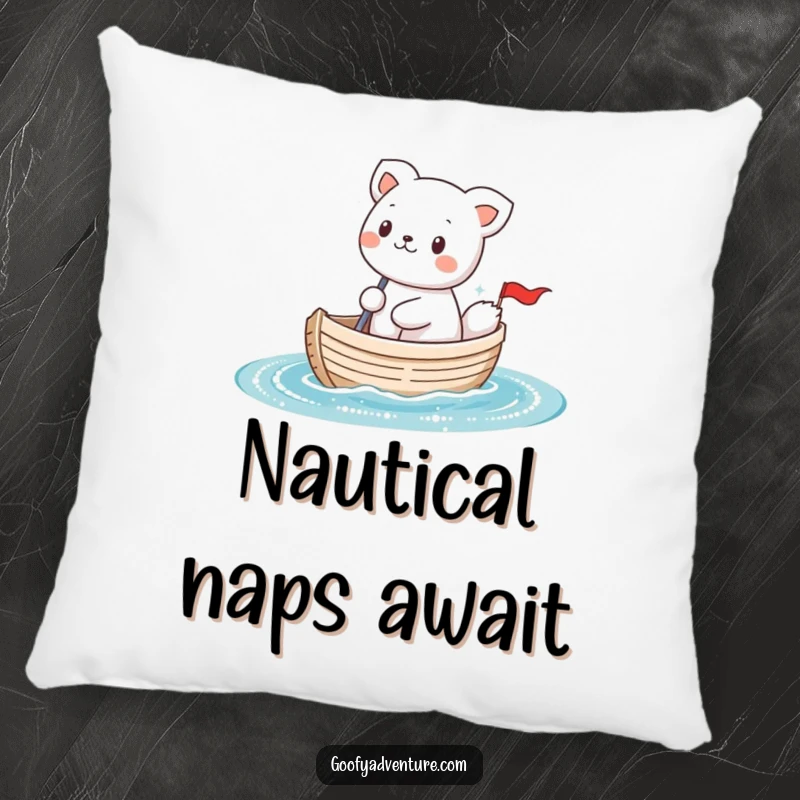 Funny kawaii animal character sailing a tiny boat on sparkly water, a soft and humorous pillow for ultimate comfort.