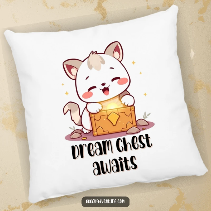 Funny kawaii animal character joyfully discovering a glowing treasure chest, a soft and humorous pillow for comfort.