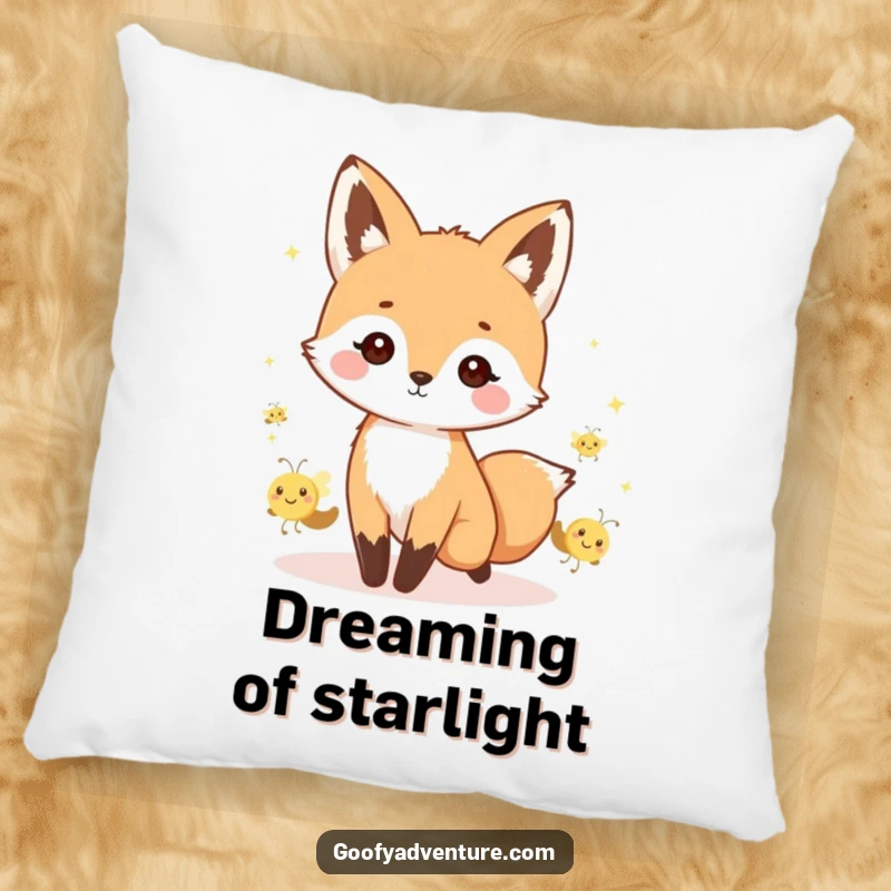 Soft and plush funny kawaii fox pillow, leading a parade of smiling fireflies, for comfortable and magical lounging.