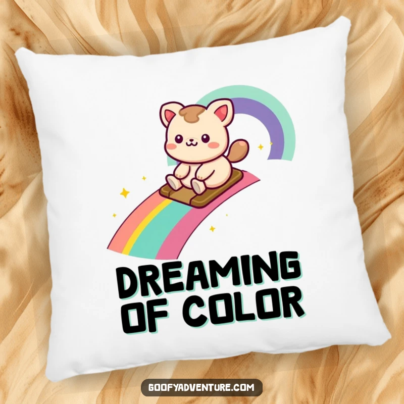 Funny kawaii animal character sliding down a rainbow trail, a soft and humorous pillow for cozy comfort.
