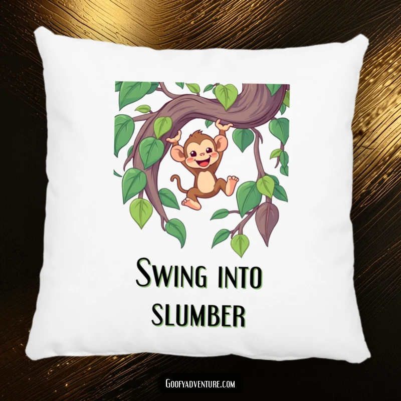 Funny soft pillow featuring a cheerful monkey character swinging from a giant, whimsical jungle vine.