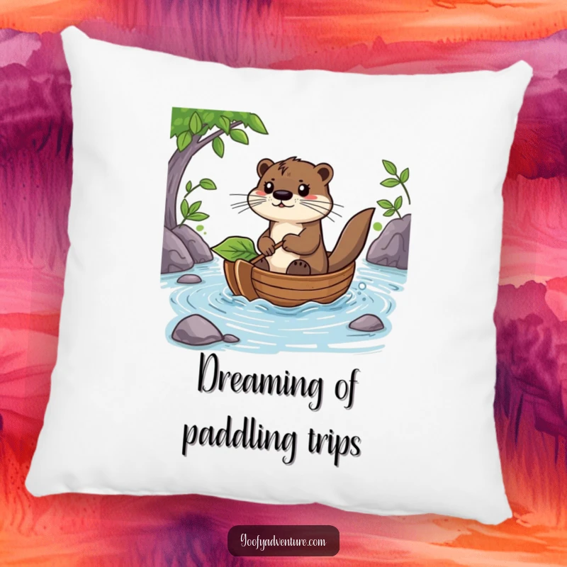 Funny Otter Pillow: A determined otter pilots a leaf boat down a river, bringing comfort and laughter to any room.