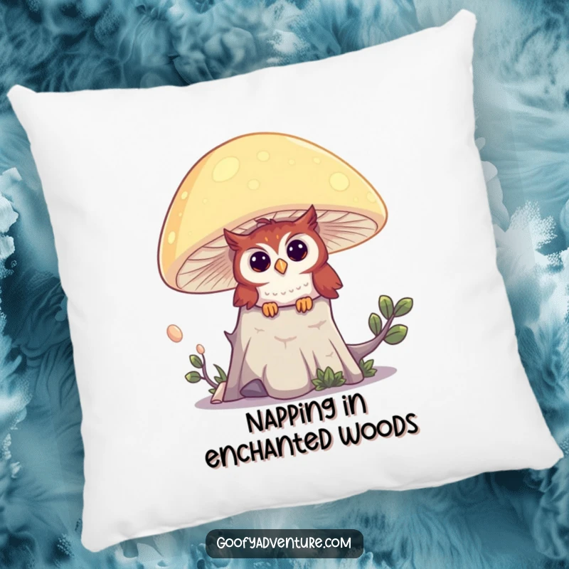 Funny pillow showcasing a curious owl peeking from behind a magical, glowing mushroom, inviting dreams of enchantment.