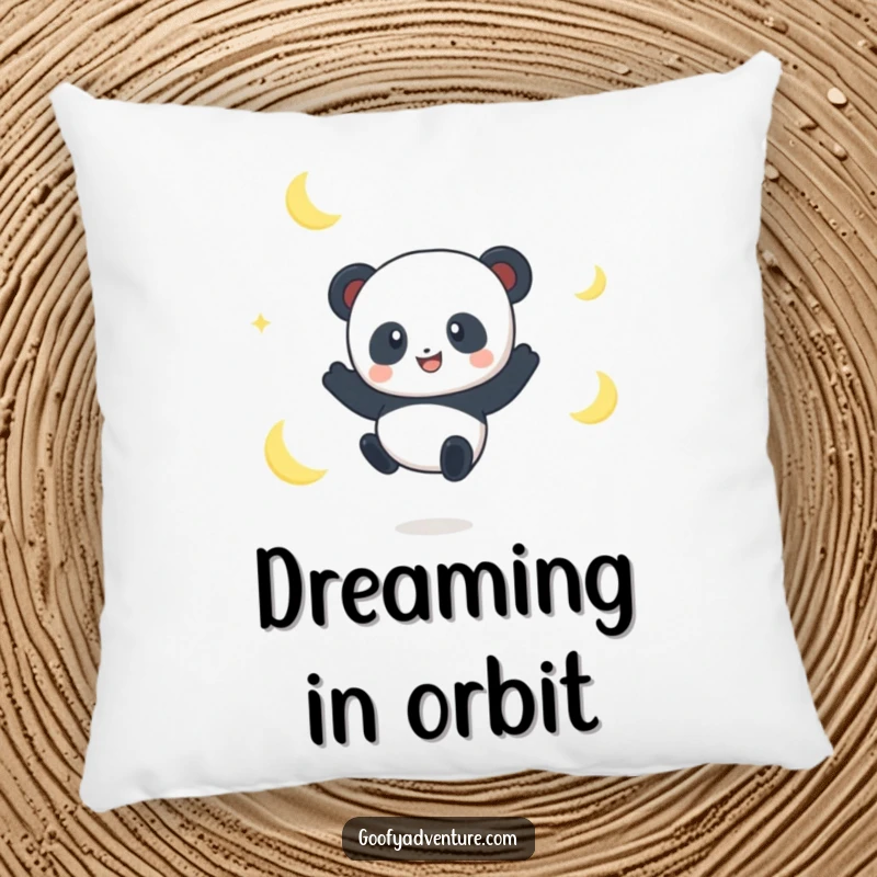 Funny Panda Moon Jumper Pillow: A smiling panda leaps between moon crescents, bringing comfort and whimsical dreaminess.