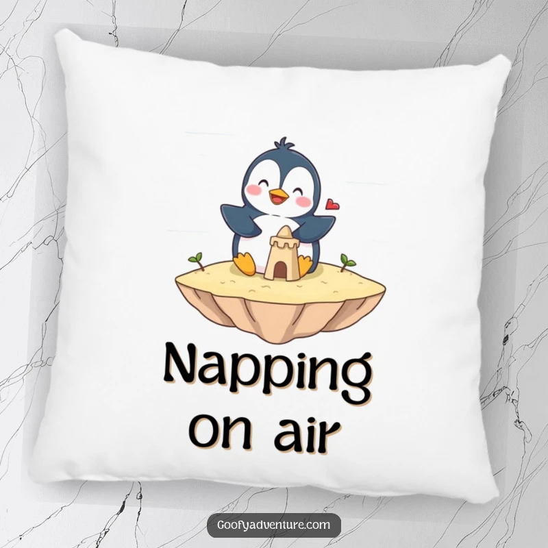 Funny penguin pillow showing a giggling penguin building a sandcastle on a soft cloud island. Comfortable and amusing.