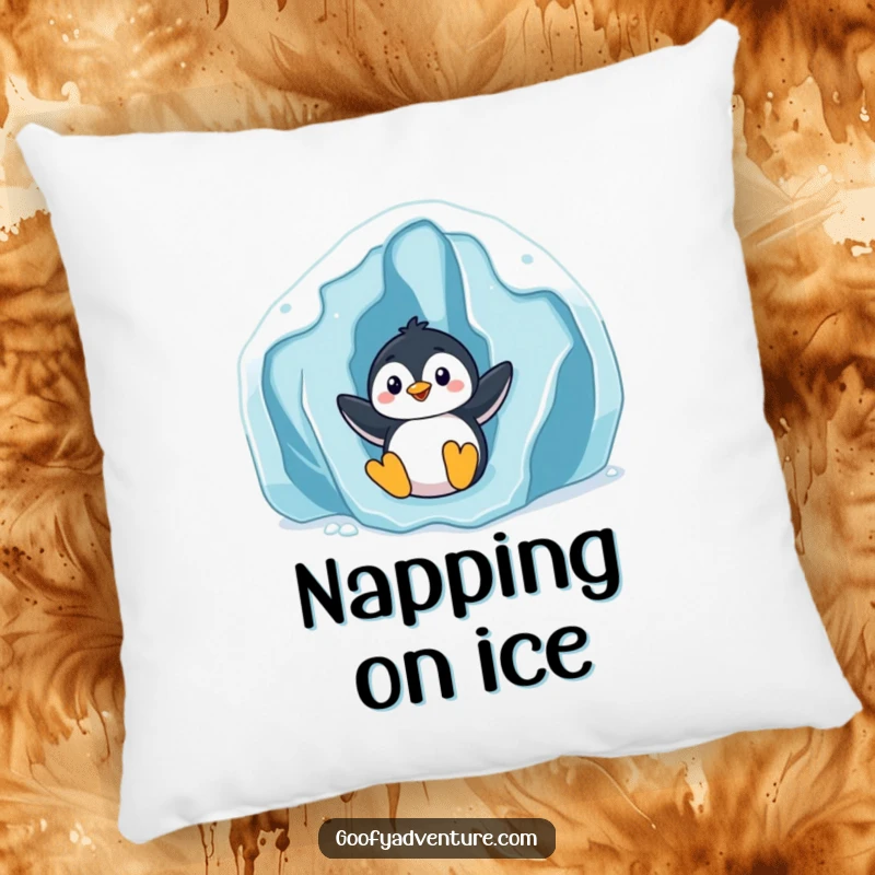 Funny playful penguin sliding down an icy glacier, soft pillow, winter theme, cozy home decor.
