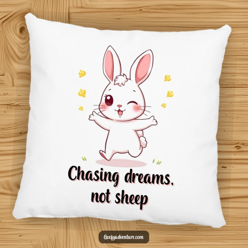 Funny Rabbit Pillow: An energetic rabbit plays tag with fireflies, bringing comfort and a playful spirit to any room.