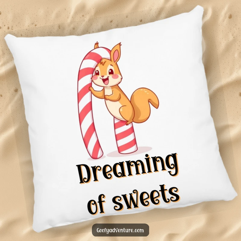 Funny happy squirrel candy cane pillow, showing a squirrel gleefully scaling a giant candy cane, ideal for cozy sweetness.