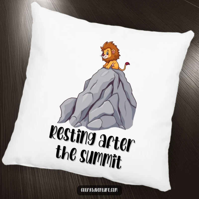 Funny brave lion character scaling a mountain peak, soft pillow, adventure theme, cozy home decor.