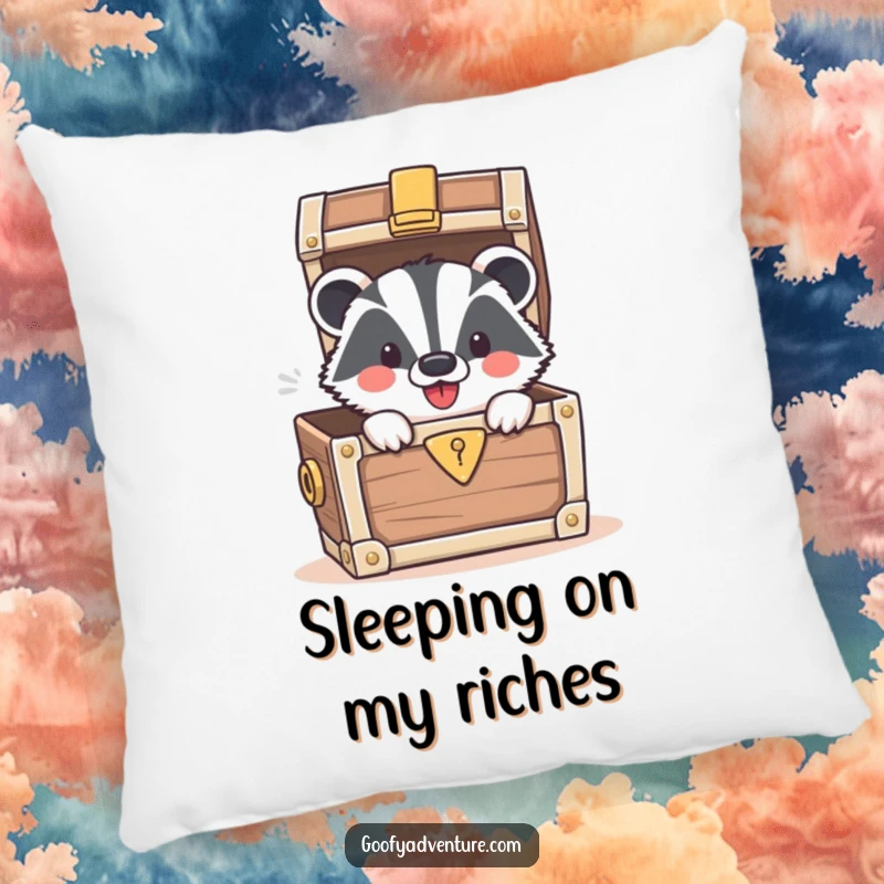 Funny pillow featuring a happy badger peeking out of a treasure chest filled with shiny gold and gems.