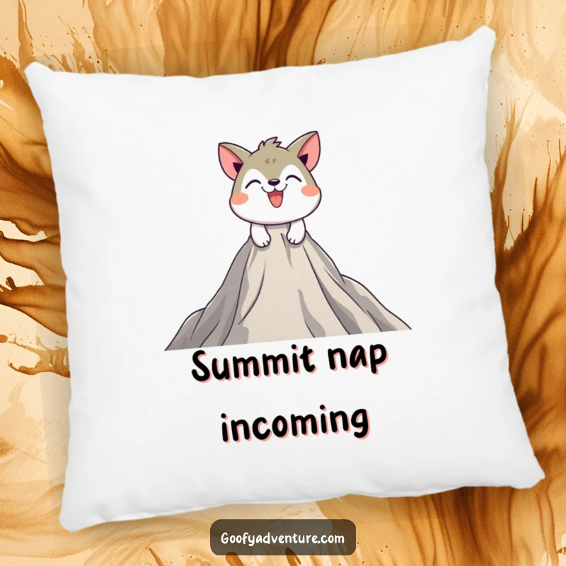 Funny pillow with a playful animal character determinedly scaling a large peak with a grin, providing comfort and motivation.