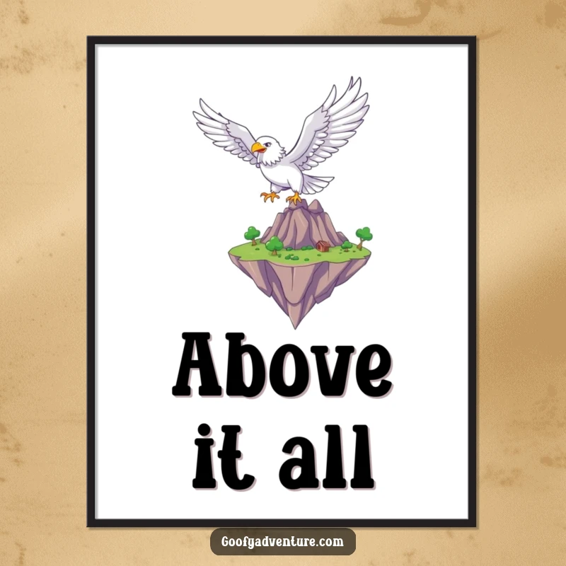 Funny eagle soaring over a fantastical floating island, digital art print, fantasy theme, humorous wall decor.