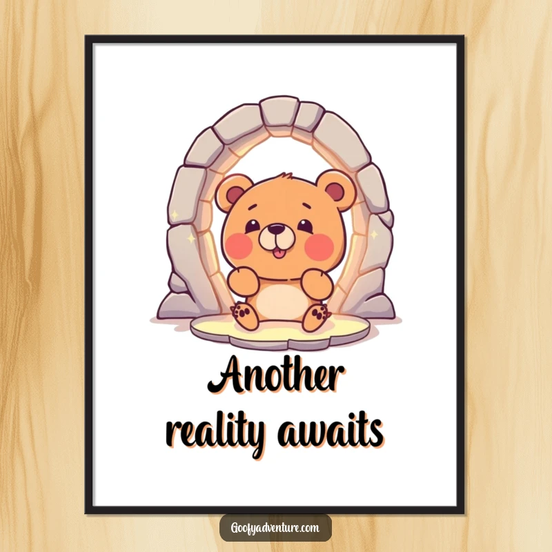 Funny Bear Digital Art Print: A curious bear character excitedly peering into a magical, glowing portal, ready to enchant your walls.