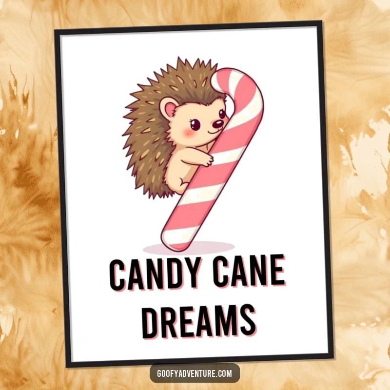 Funny Kawaii hedgehog climbing a whimsical candy cane, depicted in a vibrant digital art print for festive decor.