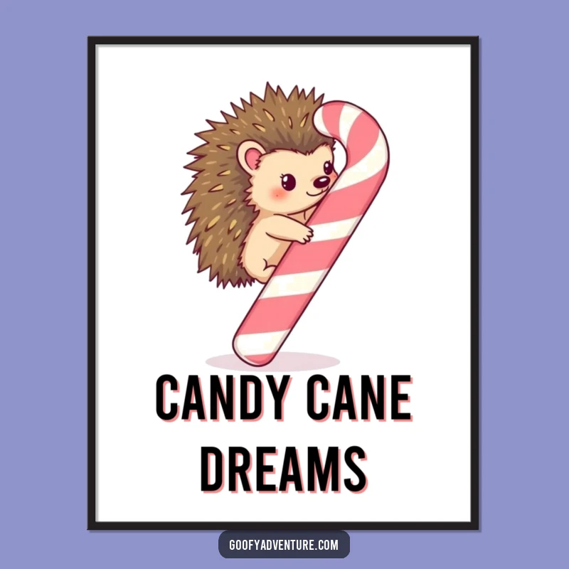 Funny Kawaii Hedgehog Candy Cane Climb Digital Art Print - Festive Wall Decor