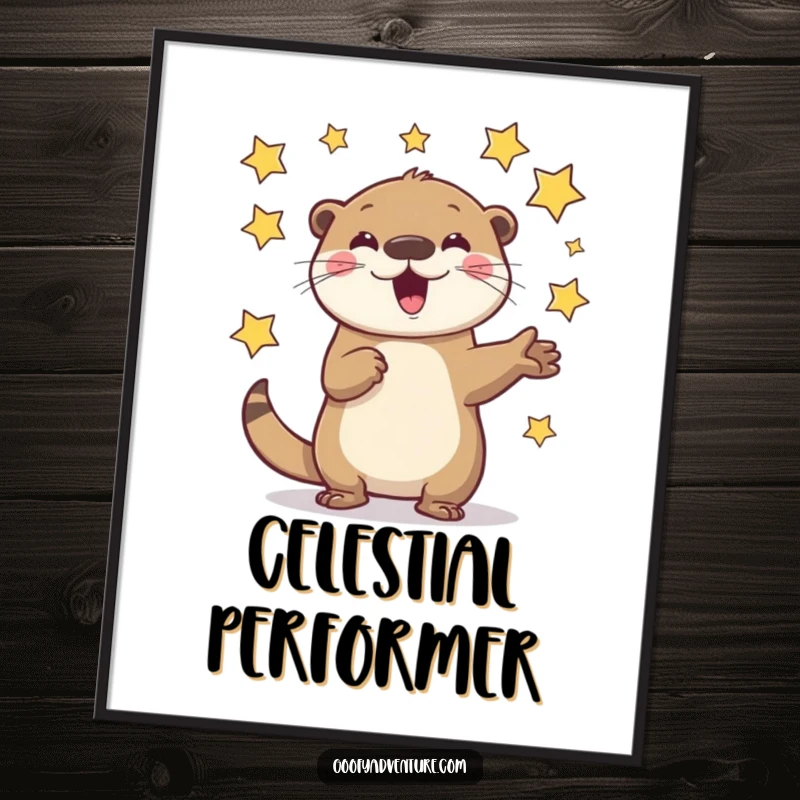 Funny Otter Digital Art Print: A playful otter character enthusiastically juggling flying stars, radiating celestial joy.
