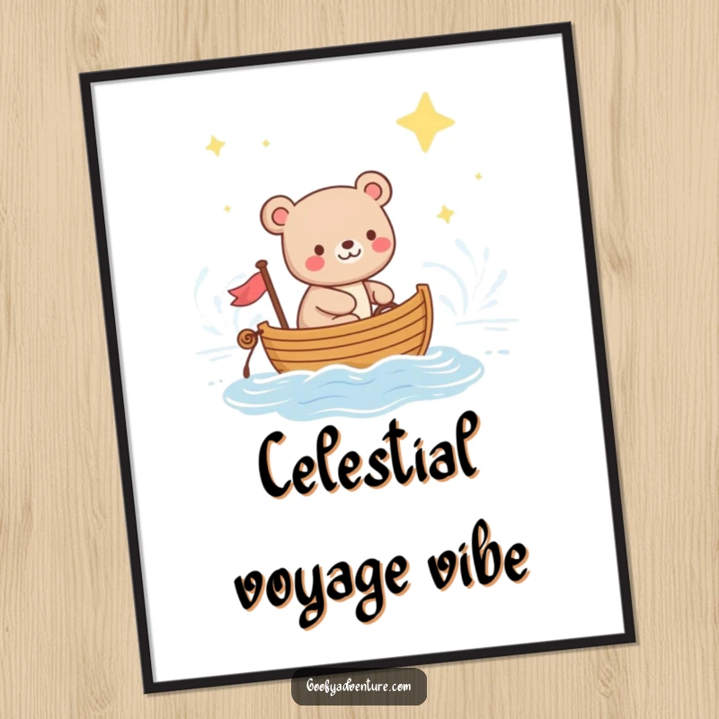 High-resolution funny digital art print of a happy bear sailing a boat across a calm, starry ocean, evoking peace and wonder.