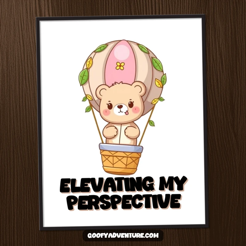 Funny Bear Adventure Art Print: Cute bear character in a leaf-adorned hot air balloon, digital art for adventurers.