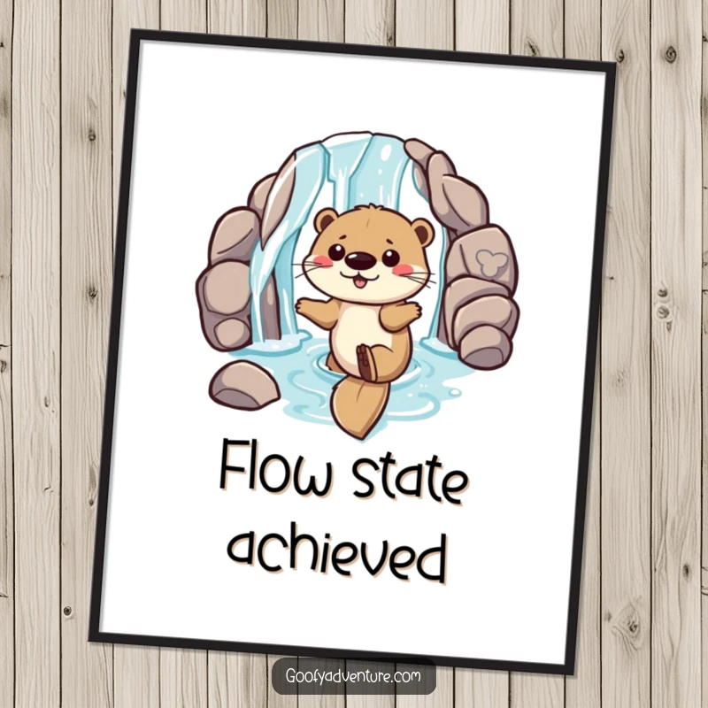 Funny digital art print of a playful otter sliding down a waterfall entrance, offering instant aquatic fun and playful decor.