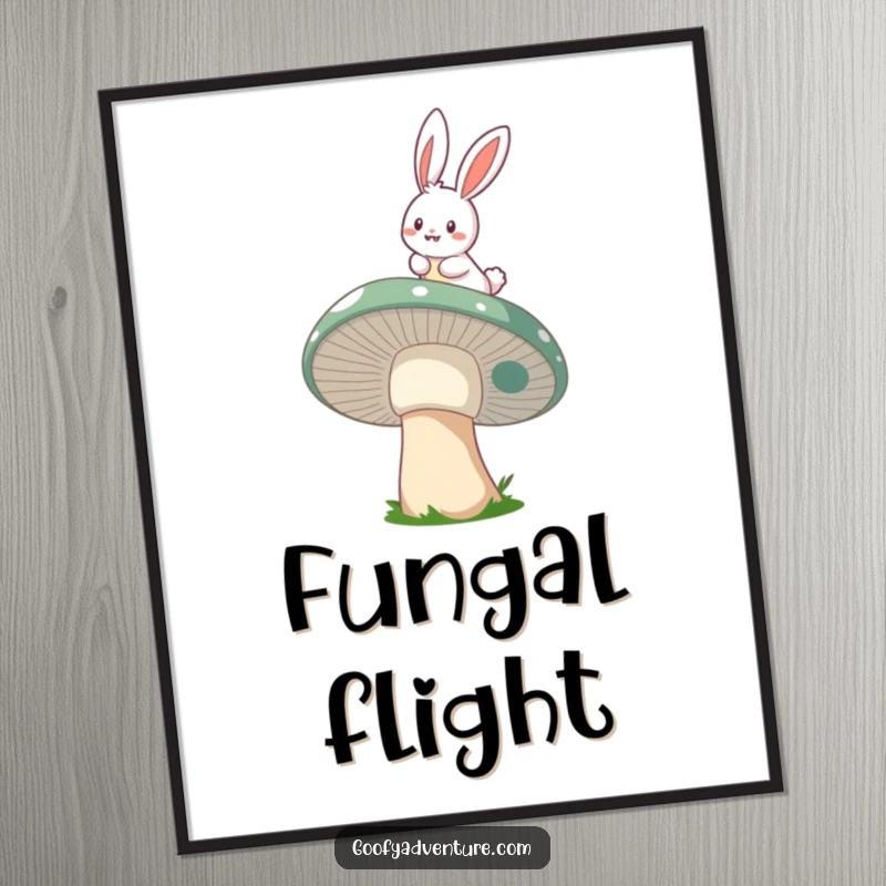 Funny cheerful bunny mushroom rider digital art print, depicting a whimsical flight through the air, magical and charming.