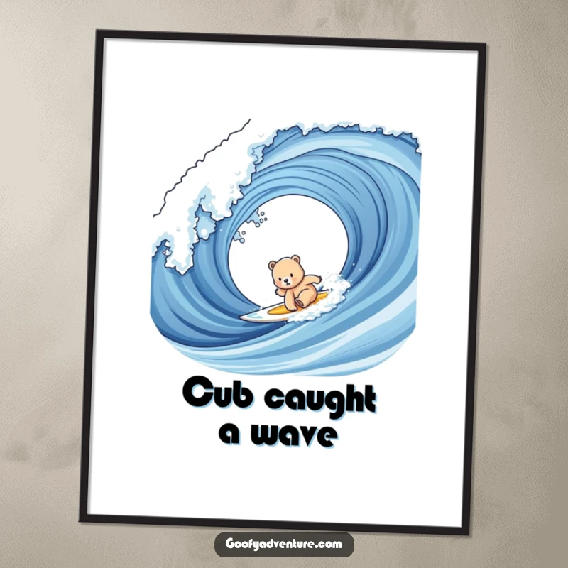 Funny bear cub surfing digital art print of a cute cub bravely riding a giant, splashing ocean wave.
