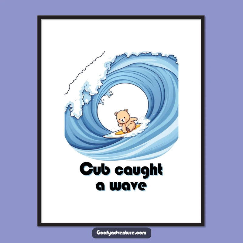 Funny Bear Cub Surfing Digital Art: Printable Beach Decor, Unique Gift Idea!