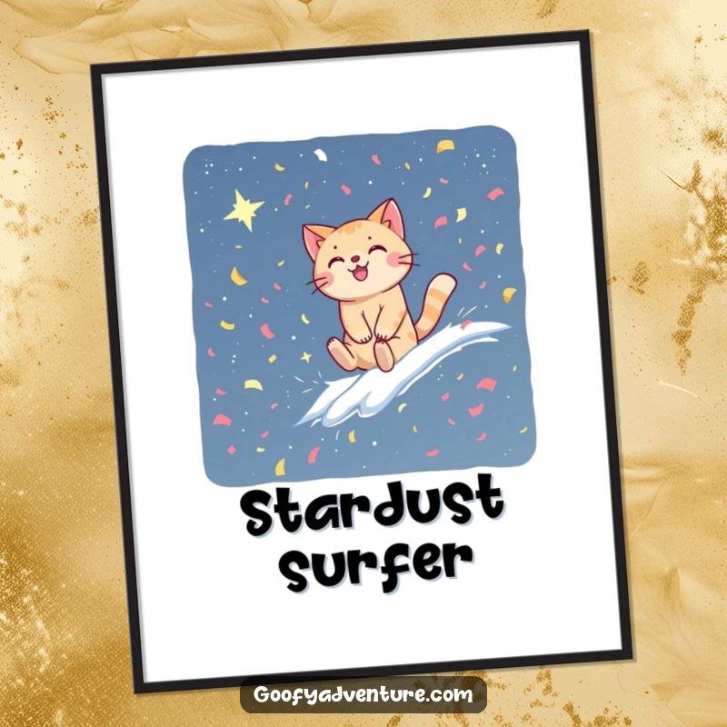 Funny cat digital art print of a happy cat riding a confetti wave into a beautiful starry sky. Instant humorous wall decor.