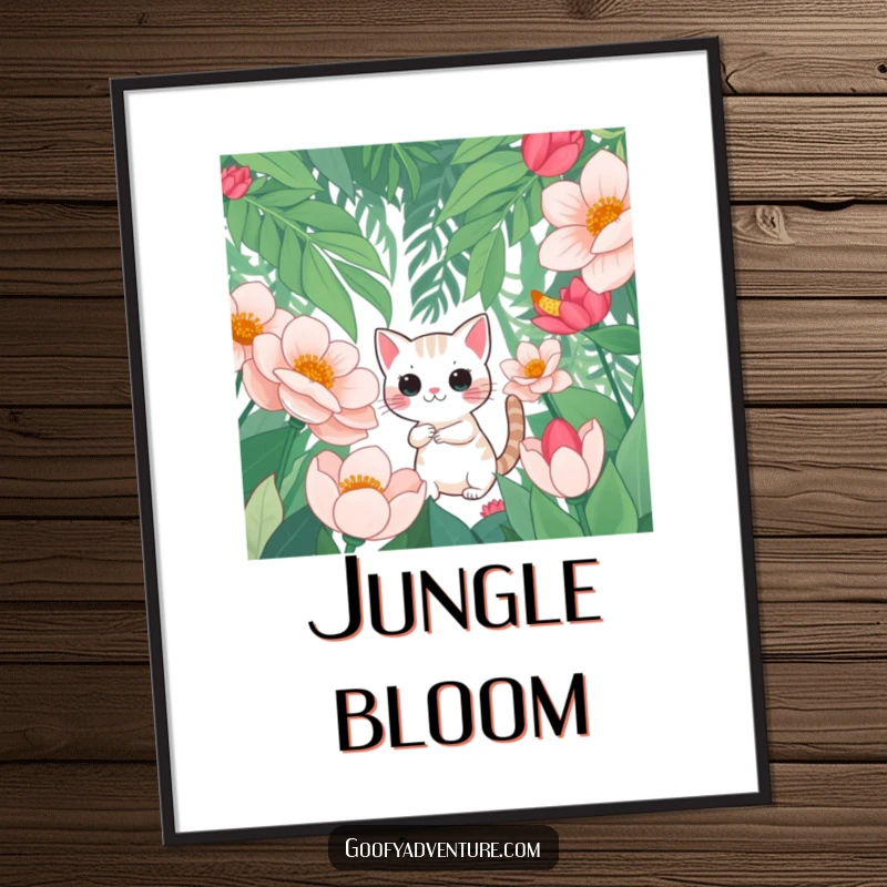Funny digital art print of a curious cat exploring a jungle filled with oversized flowers, ready to add exotic charm to any room.