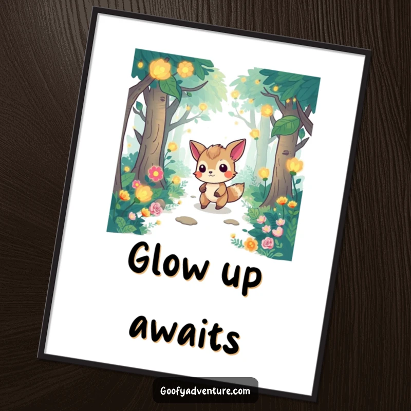 Funny digital art print of a determined animal character navigating a whimsical forest filled with enchanting, glowing flora.