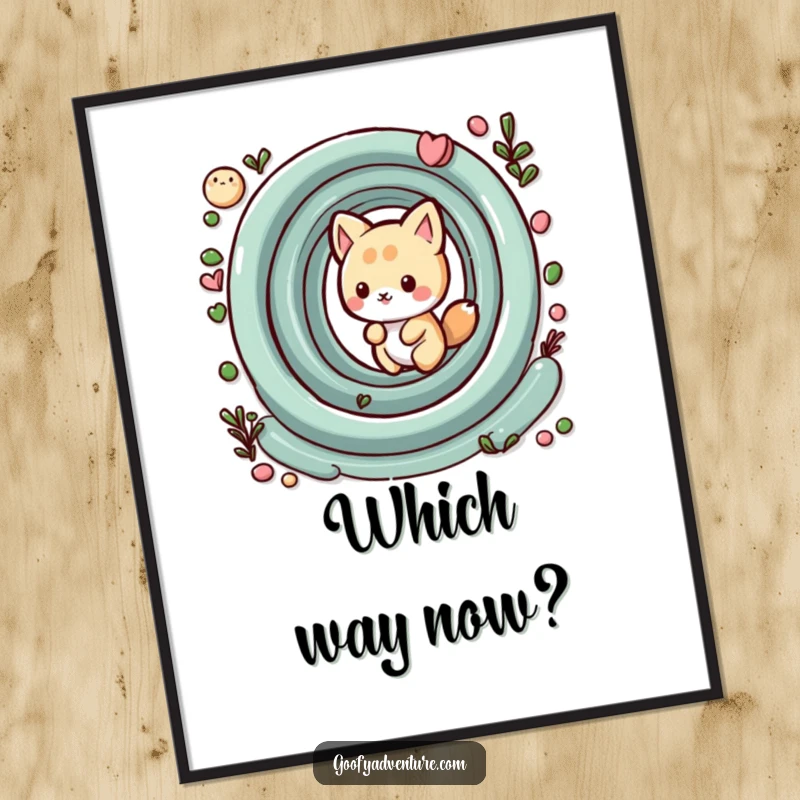 Funny kawaii animal character playfully navigating a whimsical maze, a downloadable digital art print with a humorous twist.