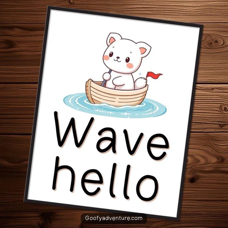 Funny kawaii animal character sailing a tiny boat on sparkly water, a downloadable digital art print with a humorous touch.