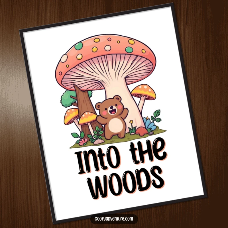 Funny Kawaii bear mushroom forest digital art, excitedly exploring a giant, colorful mushroom landscape, ready to print.