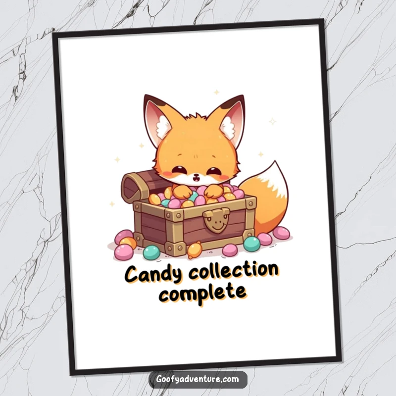 Funny Kawaii fox candy treasure digital art, discovering a hidden chest full of sparkling candy, ready to print.