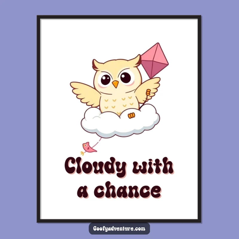 Funny Kawaii Owl Cloud Kite Digital Art Print - Dreamy Wall Decor