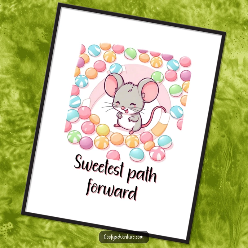 Funny digital art of a giggling mouse navigating a maze made of various candies, a printable artwork.