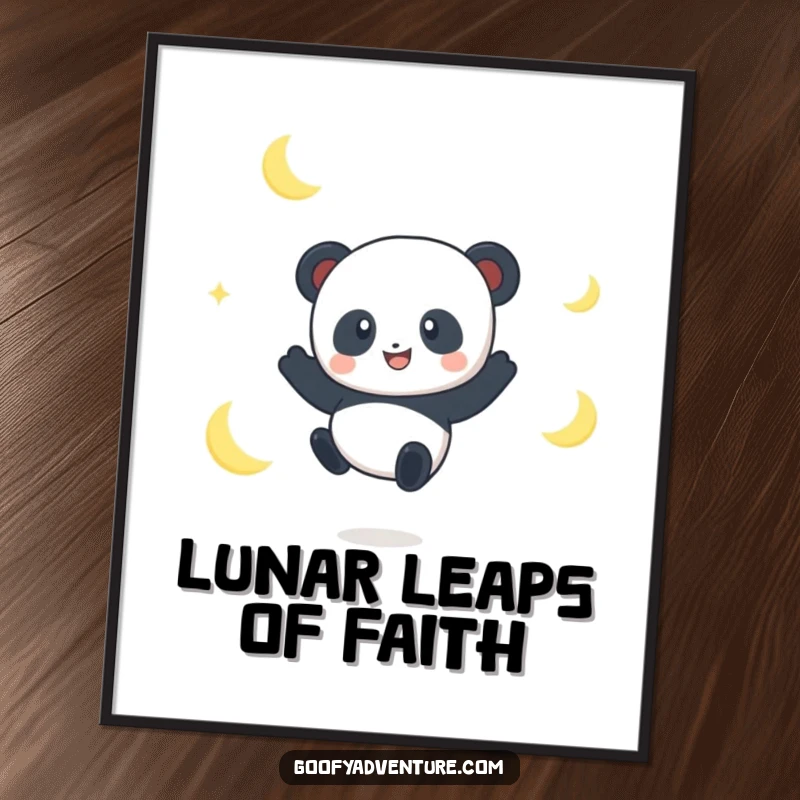 Funny Panda Moon Jumper Digital Art Print: A smiling panda character joyfully leaps between crescent moons, capturing whimsical dreaminess.