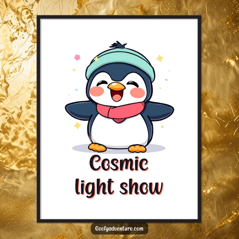 Funny digital art of a joyful penguin playing with the vibrant, glowing lights of the aurora borealis, a printable artwork.
