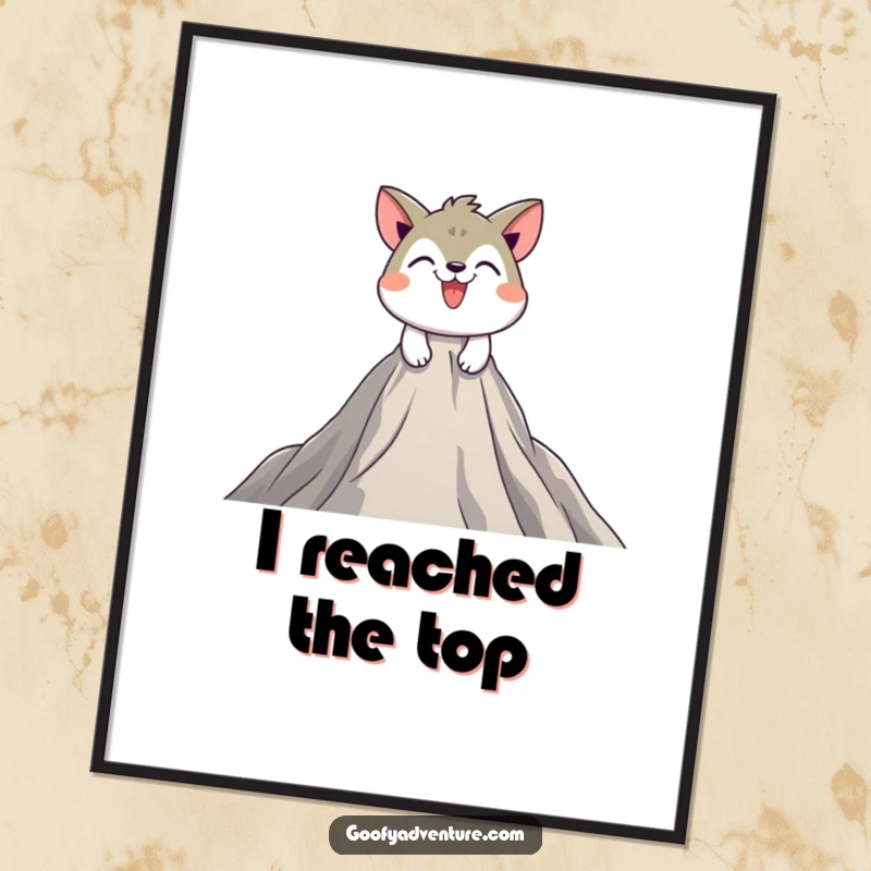 Funny digital art print of a playful animal character grinning while scaling a massive, inviting peak, symbolizing determination.