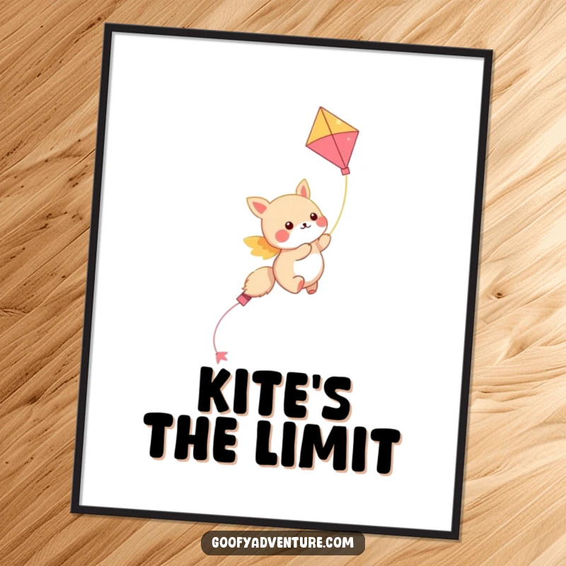 Funny kawaii animal character soaring through the sky on a colorful kite, a downloadable digital art print with a humorous feel.