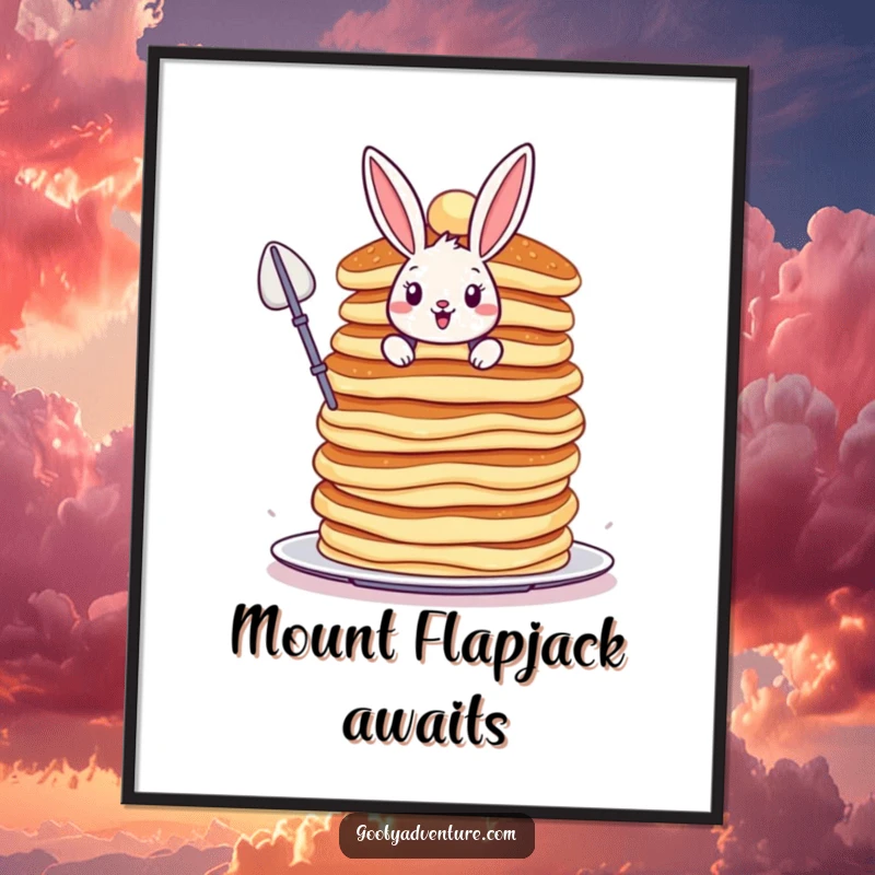 Funny Bunny digital art print, bravely scaling a colossal, wobbly stack of pancakes, vibrant and humorous decor.