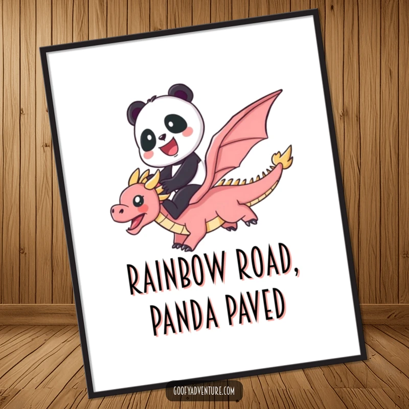 Funny downloadable digital art print of a cute panda gleefully riding a flying dragon through a dazzling rainbow.