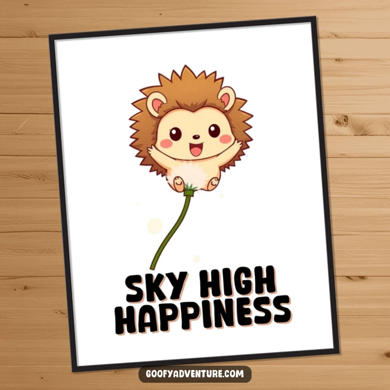 Funny digital art print of a happy hedgehog character flying on a dandelion seed, ready to add whimsical charm to any space.