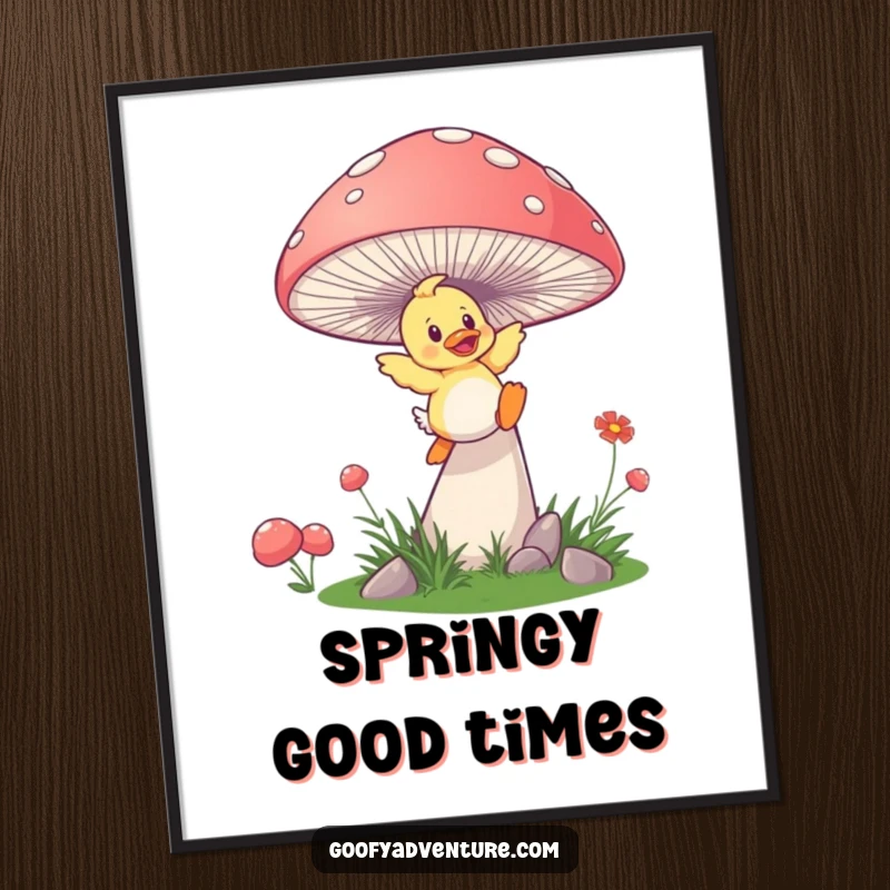 Funny duckling mushroom digital art, a playful duckling launching from a giant, springy mushroom, whimsical and joyful wall art.