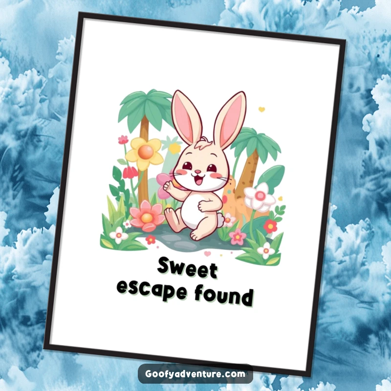 Funny happy bunny character exploring a fantastical candy-colored jungle, available as a digital art print for instant whimsical decor.