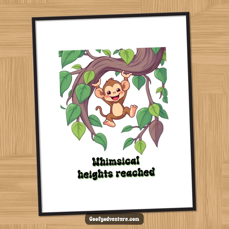 Funny downloadable digital art print of a cheerful monkey character swinging from a giant, whimsical jungle vine.